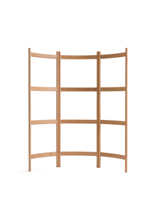 A beige wooden space divider with multiple shelves, capable of folding into a coat rack.